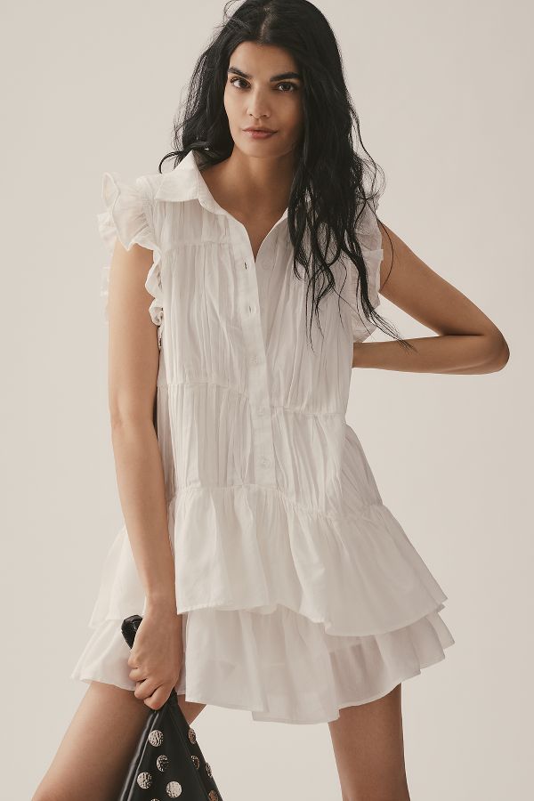 Slide View: 1: By Anthropologie Sleeveless Ruffle Mini Shirt Dress