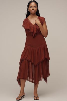 By Anthropologie Short-Sleeve V-Neck Ruffle Midi Dress