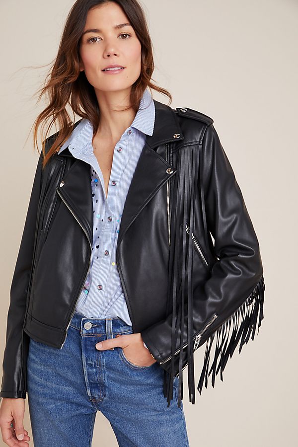 Slide View: 1: Fringed Faux Leather Moto Jacket