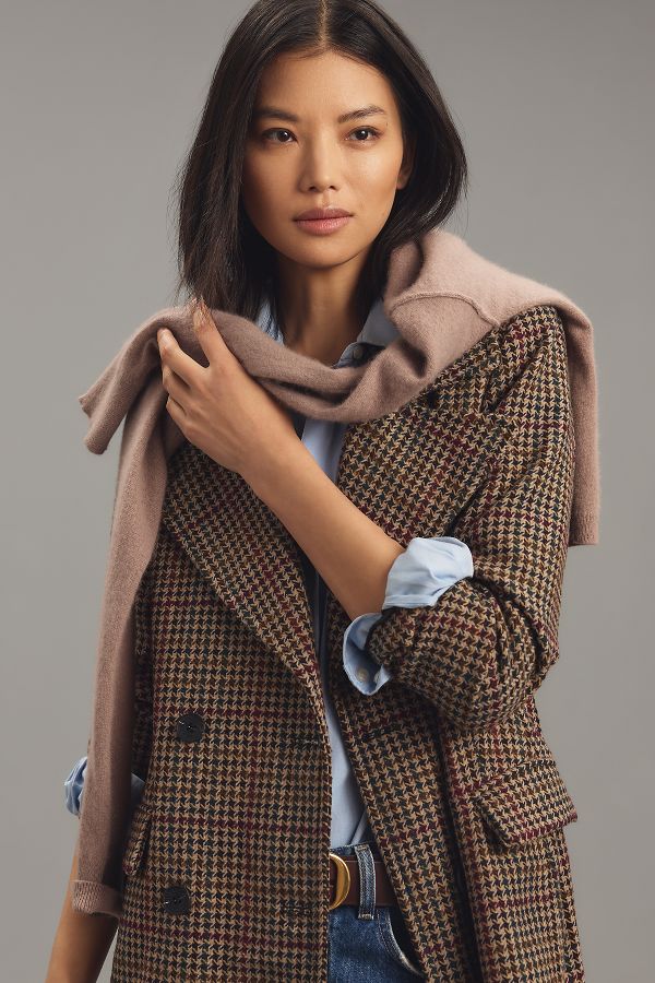 Slide View: 4: Avec Les Filles Plaid Strong Shoulder Long Coat