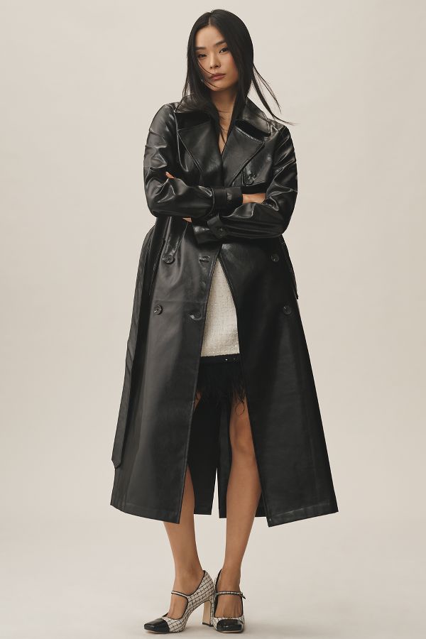 Slide View: 2: Avec Les Filles Glazed Faux-Ever Leather™ Belted Trench Coat