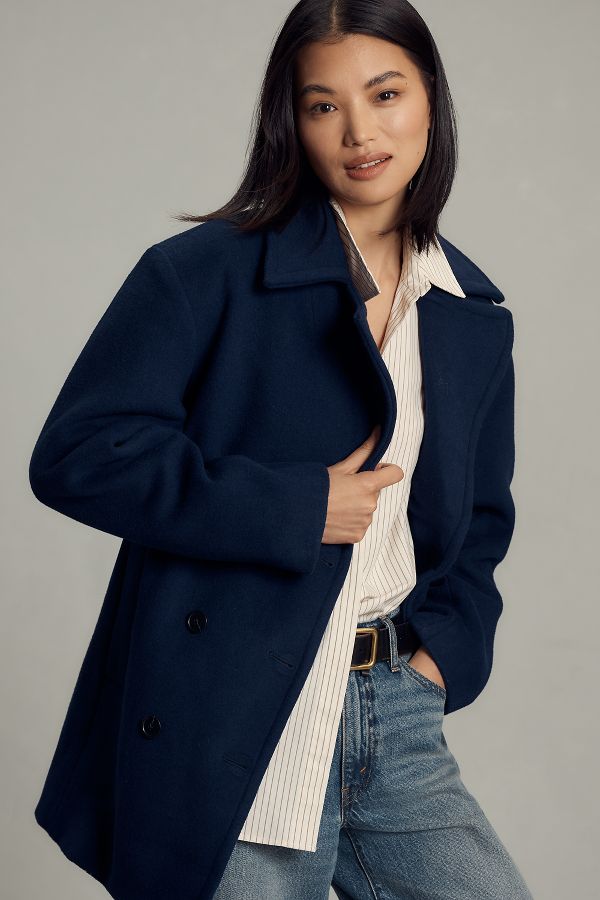 Slide View: 1: Maeve Double-Breasted Wool-Blend Coat