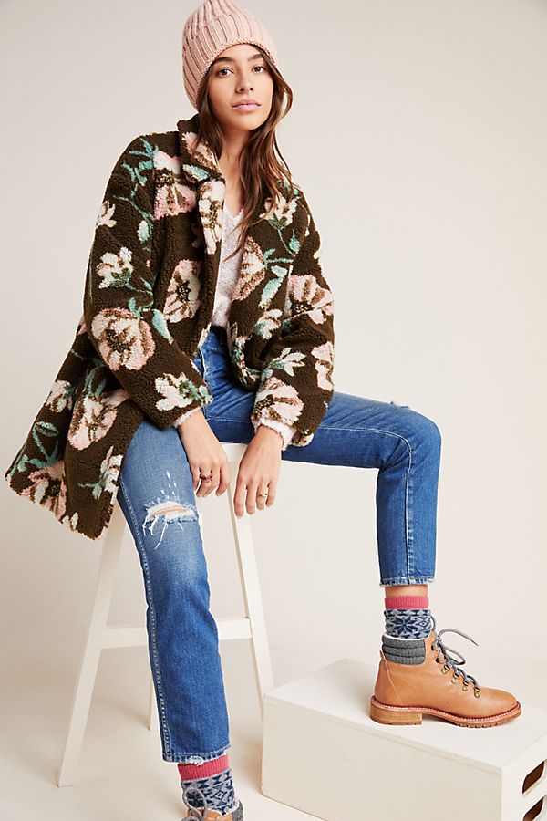 Slide View: 1: Olivia Floral Teddy Coat