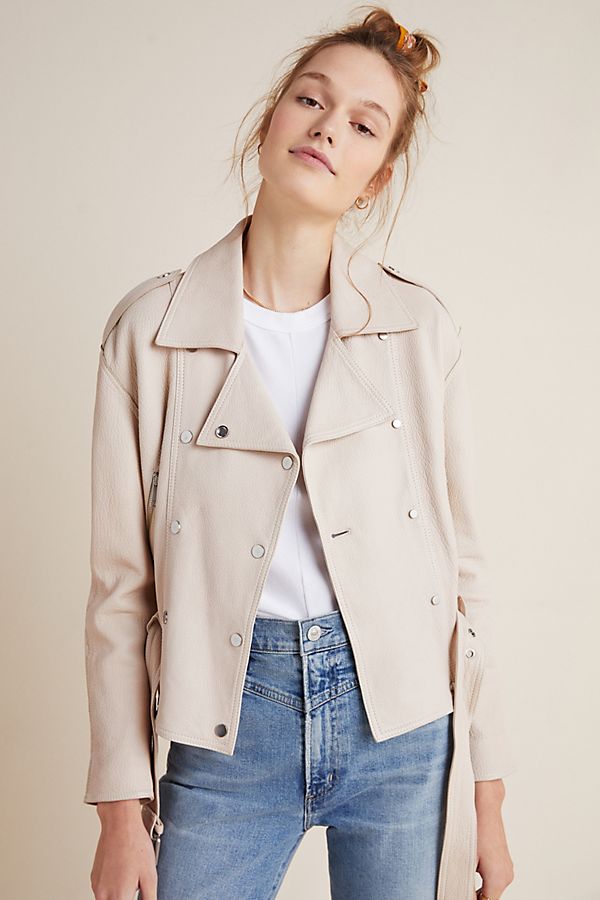 Slide View: 1: Nia Belted Leather Biker Jacket