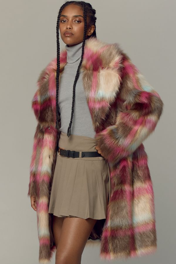 Slide View: 1: NVLT Plaid Faux-Fur Luxious Coat