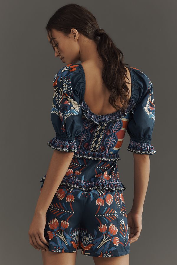 Slide View: 2: Farm Rio x Anthropologie Puff-Sleeve Ruffled Floral Romper