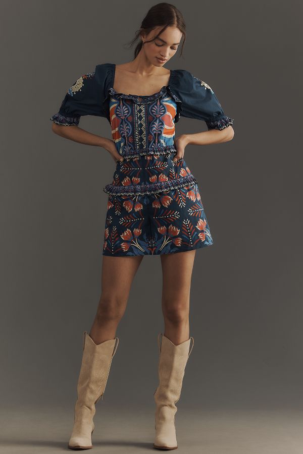 Slide View: 1: Farm Rio x Anthropologie Puff-Sleeve Ruffled Floral Romper