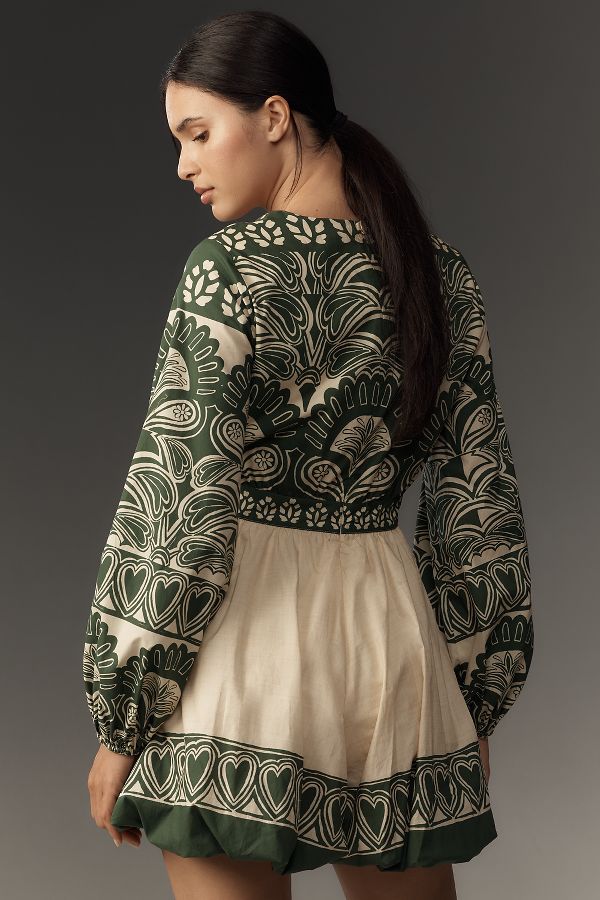 Slide View: 2: Farm Rio x Anthropologie Long-Sleeve V-Neck Printed Romper