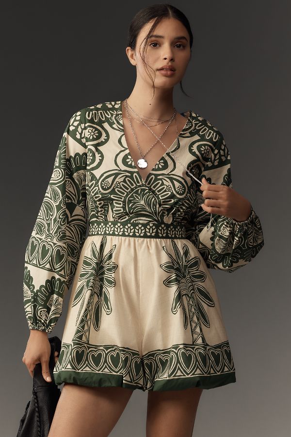 Slide View: 1: Farm Rio x Anthropologie Long-Sleeve V-Neck Printed Romper