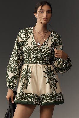 Farm Rio x Anthropologie Long-Sleeve V-Neck Printed Romper