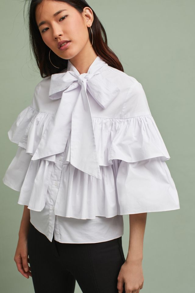 Tiered Poplin Tie-Neck Blouse | Anthropologie