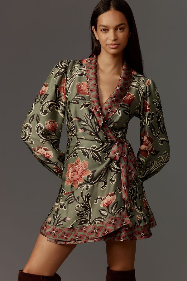 Slide View: 3: Farm Rio Arabesque Long-Sleeve Wrap Mini Dress