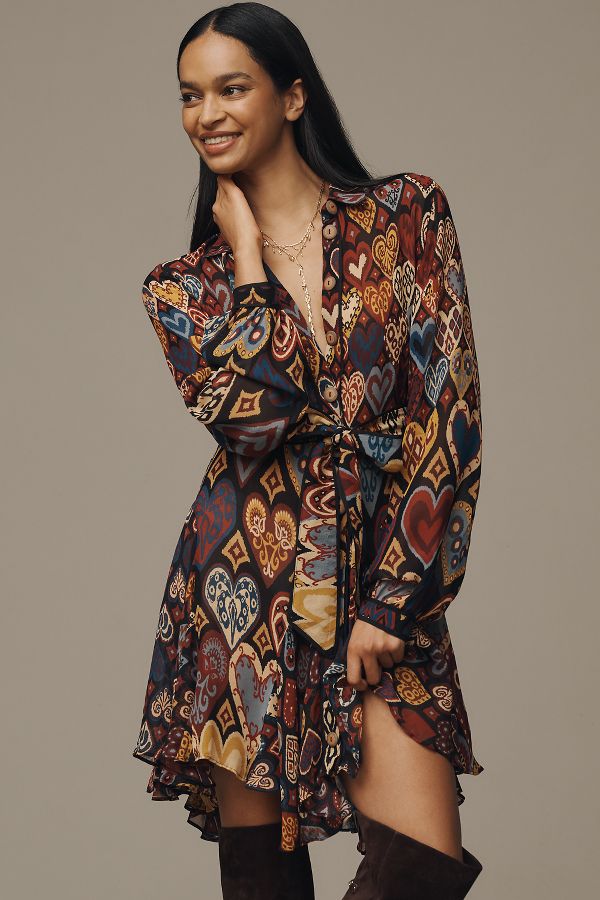 Slide View: 4: Farm Rio Hearts Ikat Long-Sleeve Mini Shirt Dress