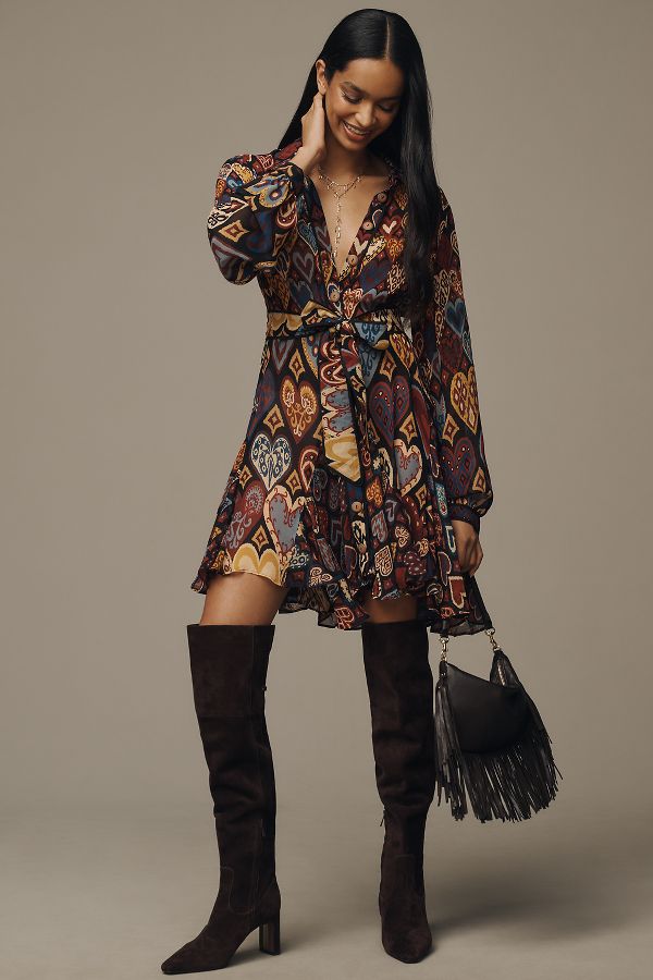 Slide View: 1: Farm Rio Hearts Ikat Long-Sleeve Mini Shirt Dress