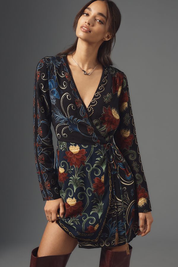 Slide View: 3: Farm Rio x Anthropologie Mixed Arabesque Scarves Wrap Mini Dress