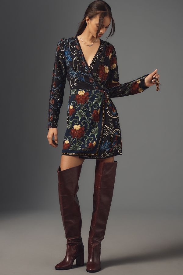 Slide View: 1: Farm Rio x Anthropologie Mixed Arabesque Scarves Wrap Mini Dress