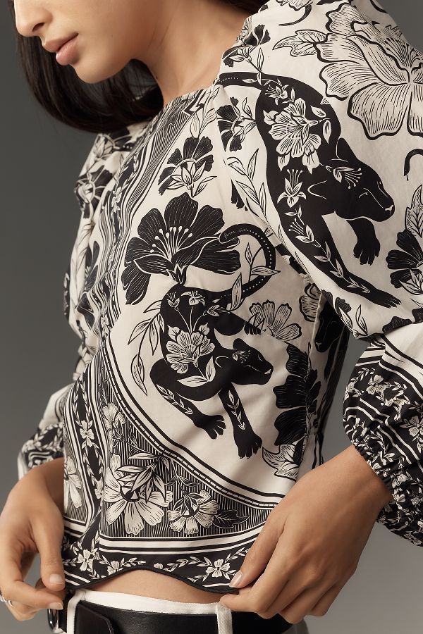 Slide View: 2: Farm Rio Leopard Floral Long-Sleeve Blouse