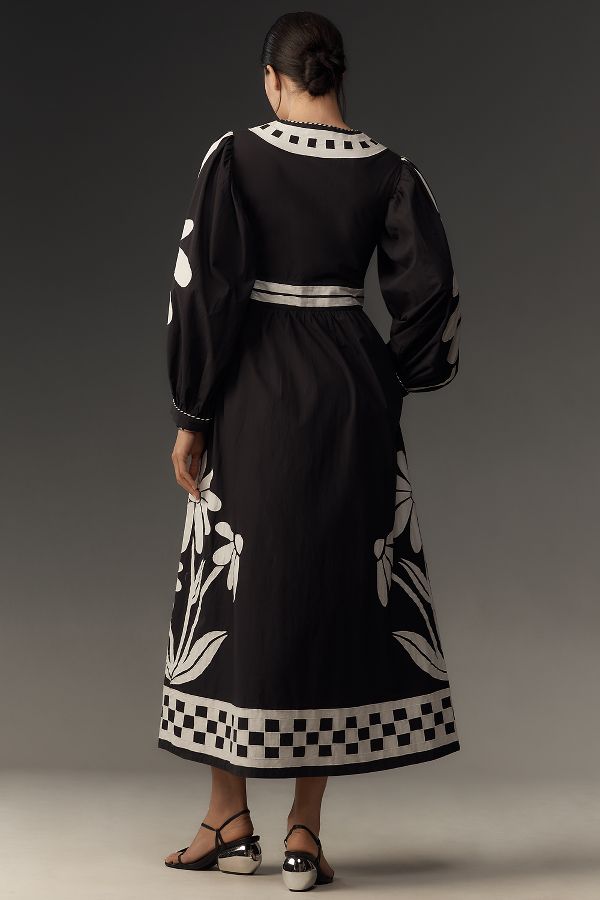 Slide View: 2: Farm Rio Nature Long-Sleeve V-Neck Graphic Floral Maxi Dress