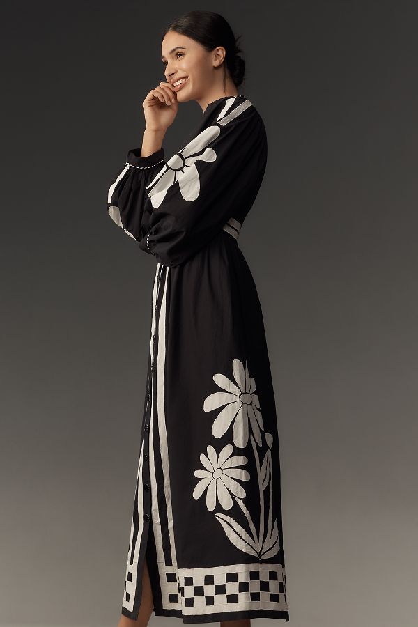 Slide View: 4: Farm Rio Nature Long-Sleeve V-Neck Graphic Floral Maxi Dress