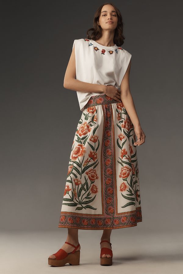 Slide View: 1: Farm Rio Ainika Delicate Floral Midi Skirt