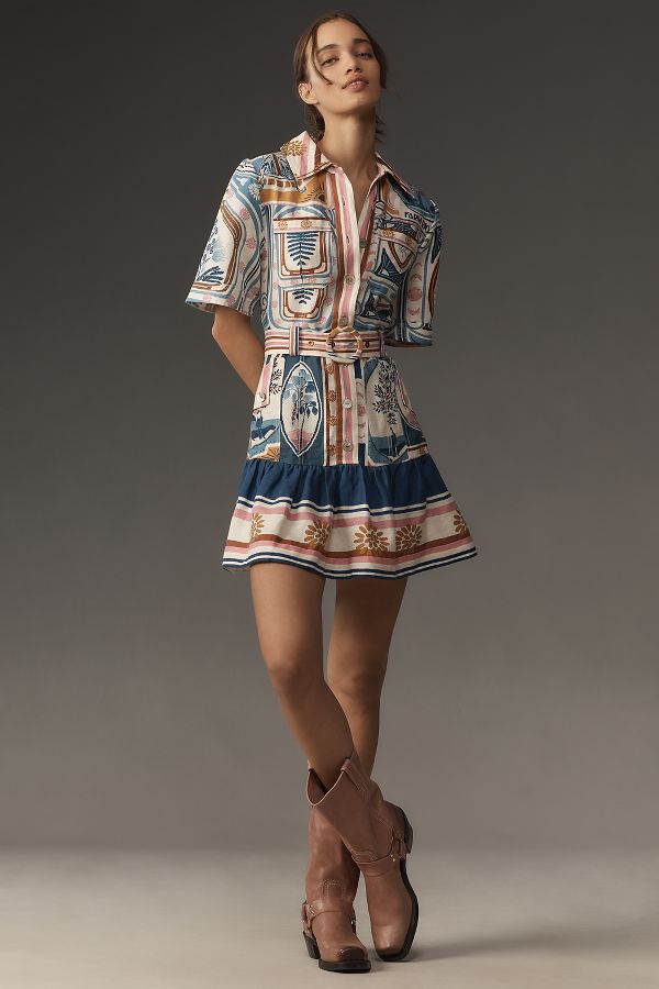 Slide View: 4: Farm Rio Cerrado Short-Sleeve Belted Linen Mini Dress