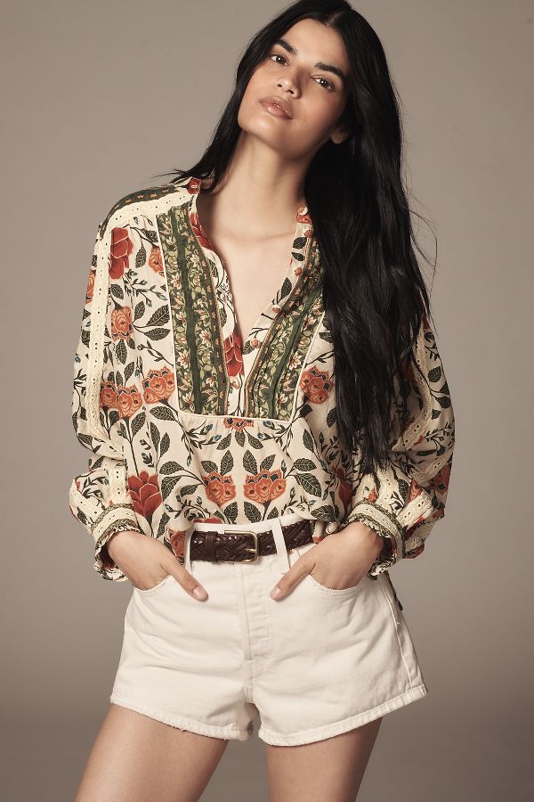 Slide View: 1: Farm Rio Garden Tapestry Sand Blouse