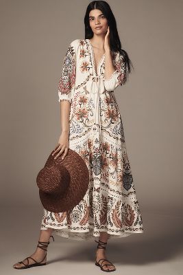 Farm Rio V-Neck Linen Blend Maxi Dress