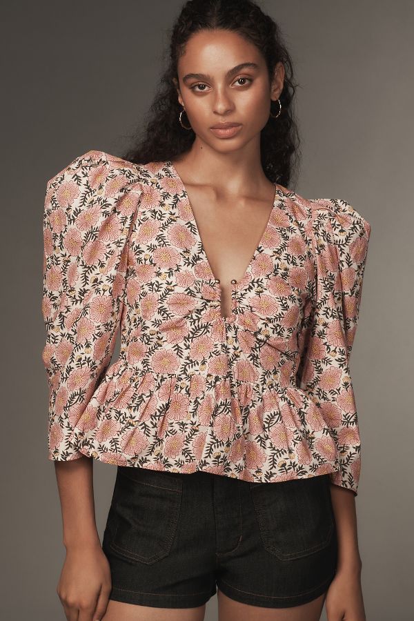 Slide View: 1: RHODE Alma Puffed-Sleeve Peplum Blouse