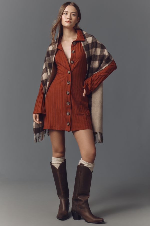 Slide View: 3: Reformation Benton Ribbed Button-Front Sweater Mini Dress