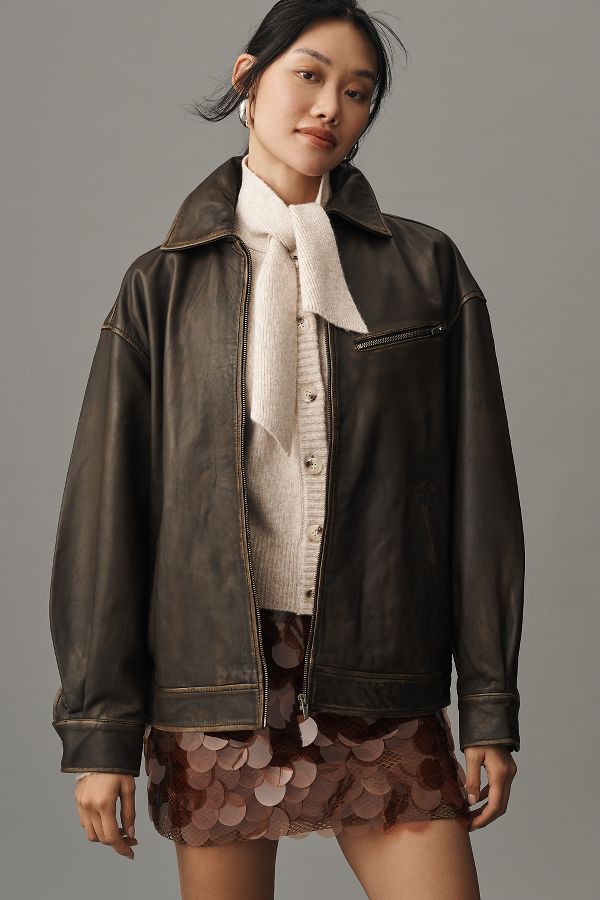 Slide View: 1: Reformation Veda Marco Leather Oversized Bomber Jacket