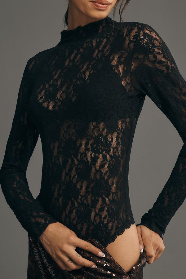 Slide View: 3: Hanky Panky Long-Sleeve Mock-Neck Signature Lace Bodysuit