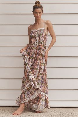 By Anthropologie Sleeveless Eyelet-Trimmed Open-Back Maxi Dress