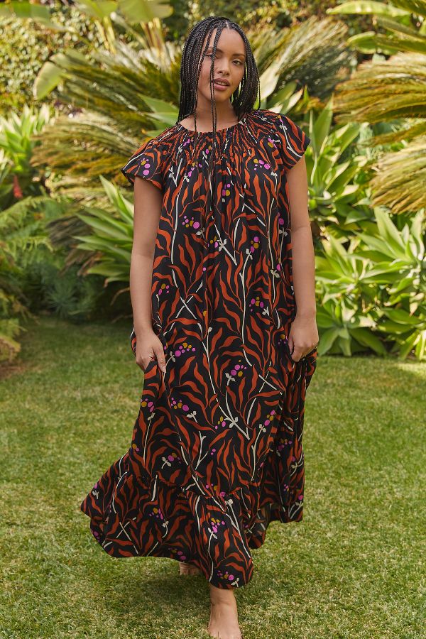 Slide View: 1: By Anthropologie Smocked-Neck Pajama Maxi Dress