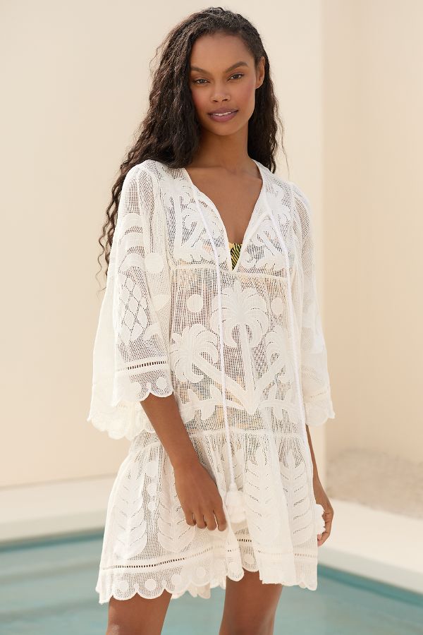 Slide View: 1: Farm Rio Palm Tree Cutwork Embroidered Cover-Up Mini Dress