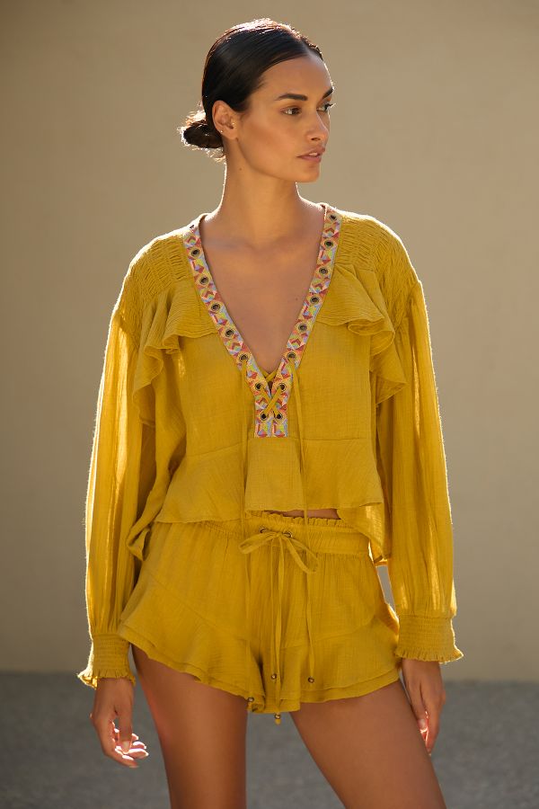 Slide View: 2: By Anthropologie Embellished Grommet Ruffled Blouse