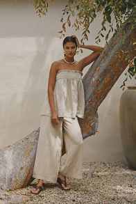 Slide View: 1: By Anthropologie Smocked Linen Trousers