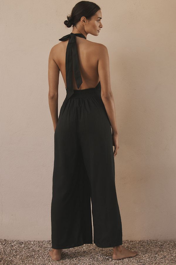 Slide View: 2: By Anthropologie Mock-Neck Plunge Linen Jumpsuit