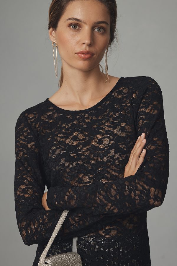 Slide View: 3: By Anthropologie Long-Sleeve Lace Crew-Neck Top