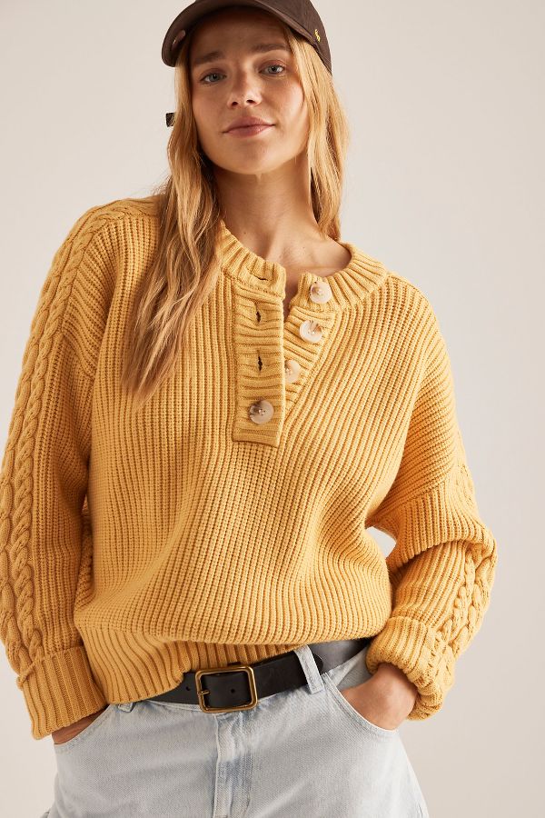 Slide View: 1: Varley Vera Button-Neck Cable-Knit Jumper