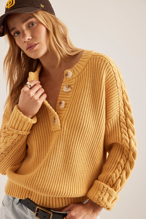 Slide View: 5: Varley Vera Button-Neck Cable-Knit Jumper