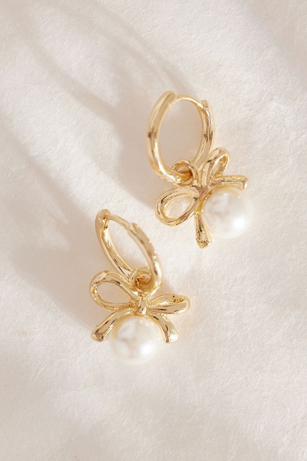 Slide View: 1: Pearl Bow Drop Earrings