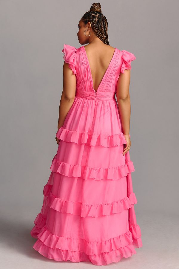 Slide View: 2: Mac Duggal Plus Tiered V-Neckline Ruched Gown