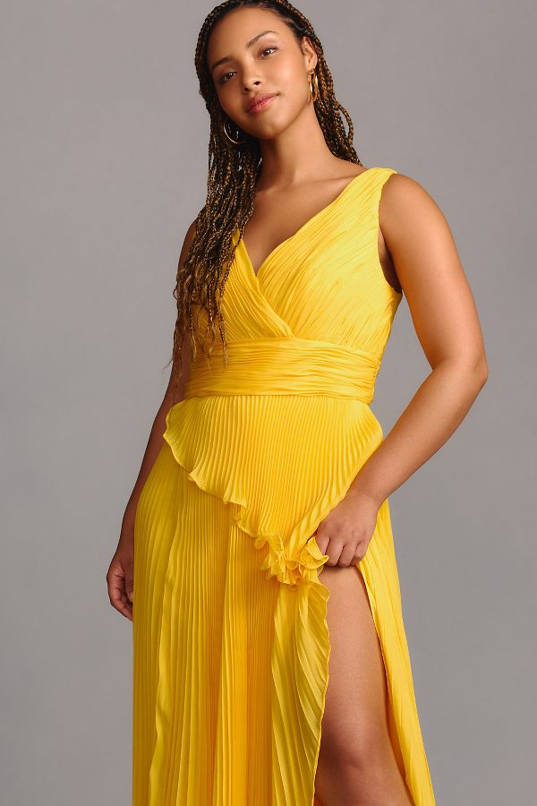 Slide View: 2: Mac Duggal Plus Chiffon Pleated V-Neck Ruffle Gown