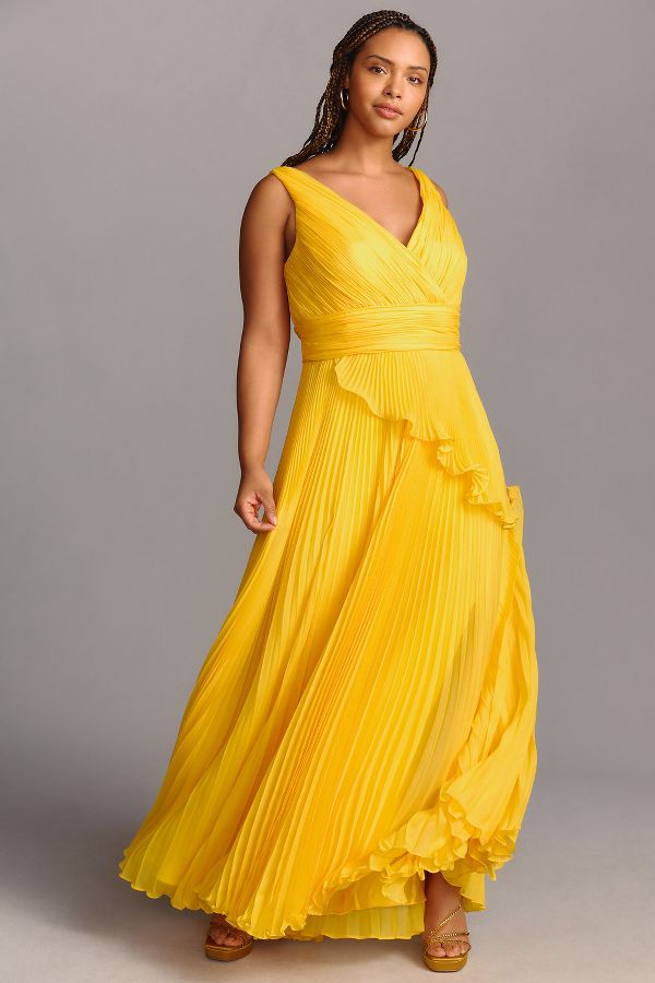 Slide View: 1: Mac Duggal Plus Chiffon Pleated V-Neck Ruffle Gown