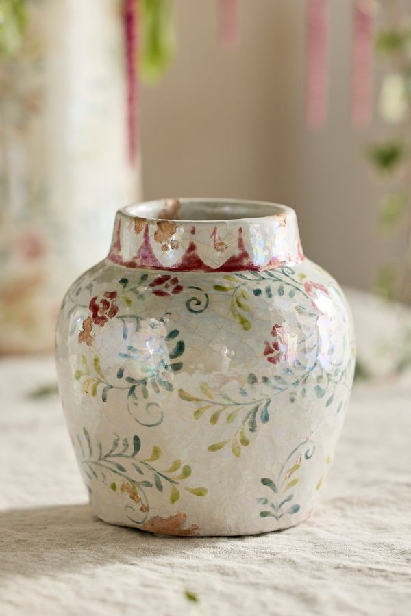 Slide View: 6: Distressed Rose + Vine Terracotta Vase