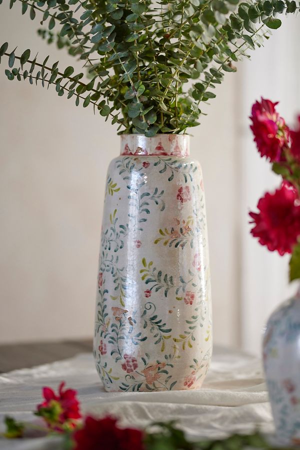 Slide View: 4: Distressed Rose + Vine Terracotta Vase