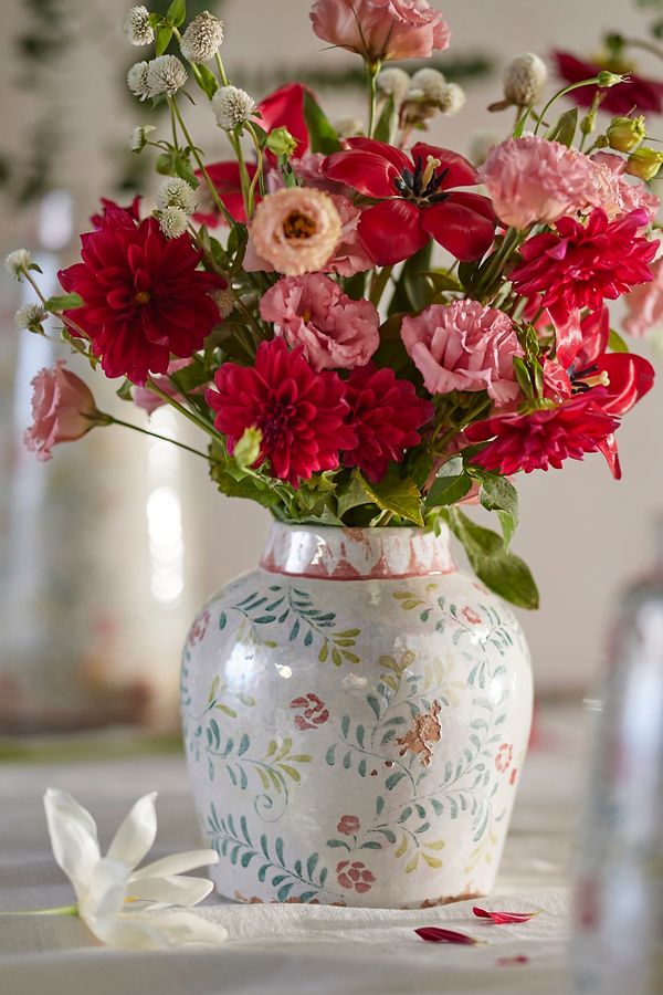 Slide View: 7: Distressed Rose + Vine Terracotta Vase