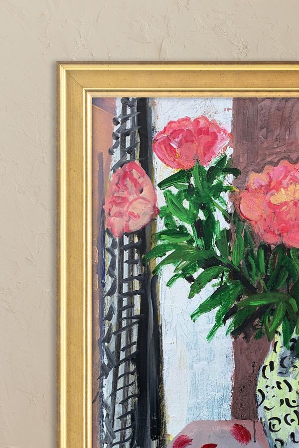 Slide View: 2: Peonies with Gingham Curtain by Naomi Munuo Framed Wall Art