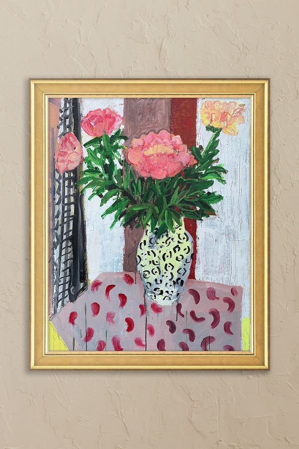 Slide View: 1: Peonies with Gingham Curtain by Naomi Munuo Framed Wall Art