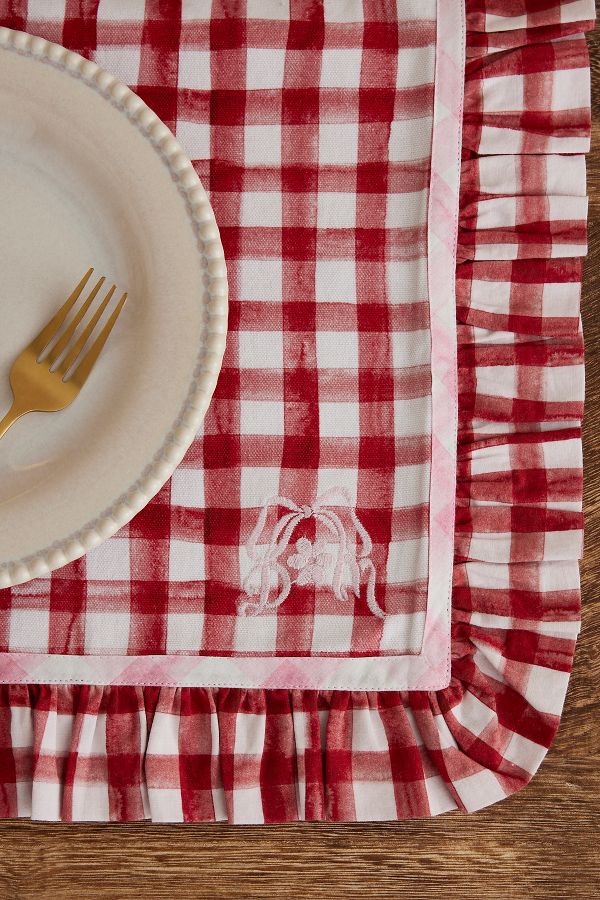 Slide View: 2: Damson Madder Gingham Ruffle Placemats, Set of 2